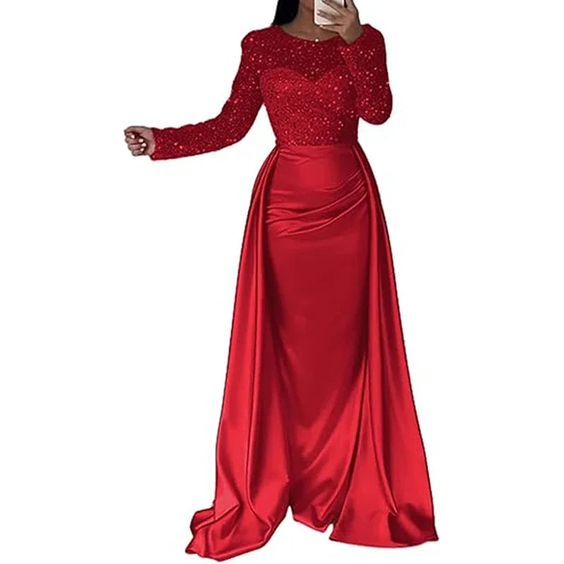 Draped Tight Evening Dress Sexy Hollow Shining O-neck Mesh Splicing Long Sleeve Party Dress Vacation
