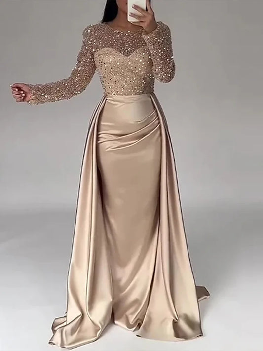 Draped Tight Evening Dress  Sexy   Hollow Shining  O-neck Mesh Splicing Long Sleeve Party Dress  Vacation