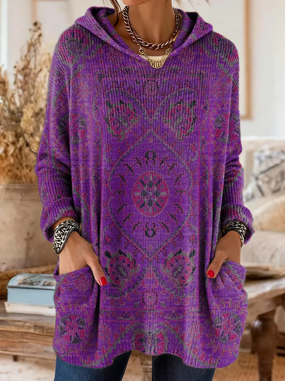 Women's Retro Ethnic Totem Art Print Casual Knitted Pocket Hooded Tunic Top