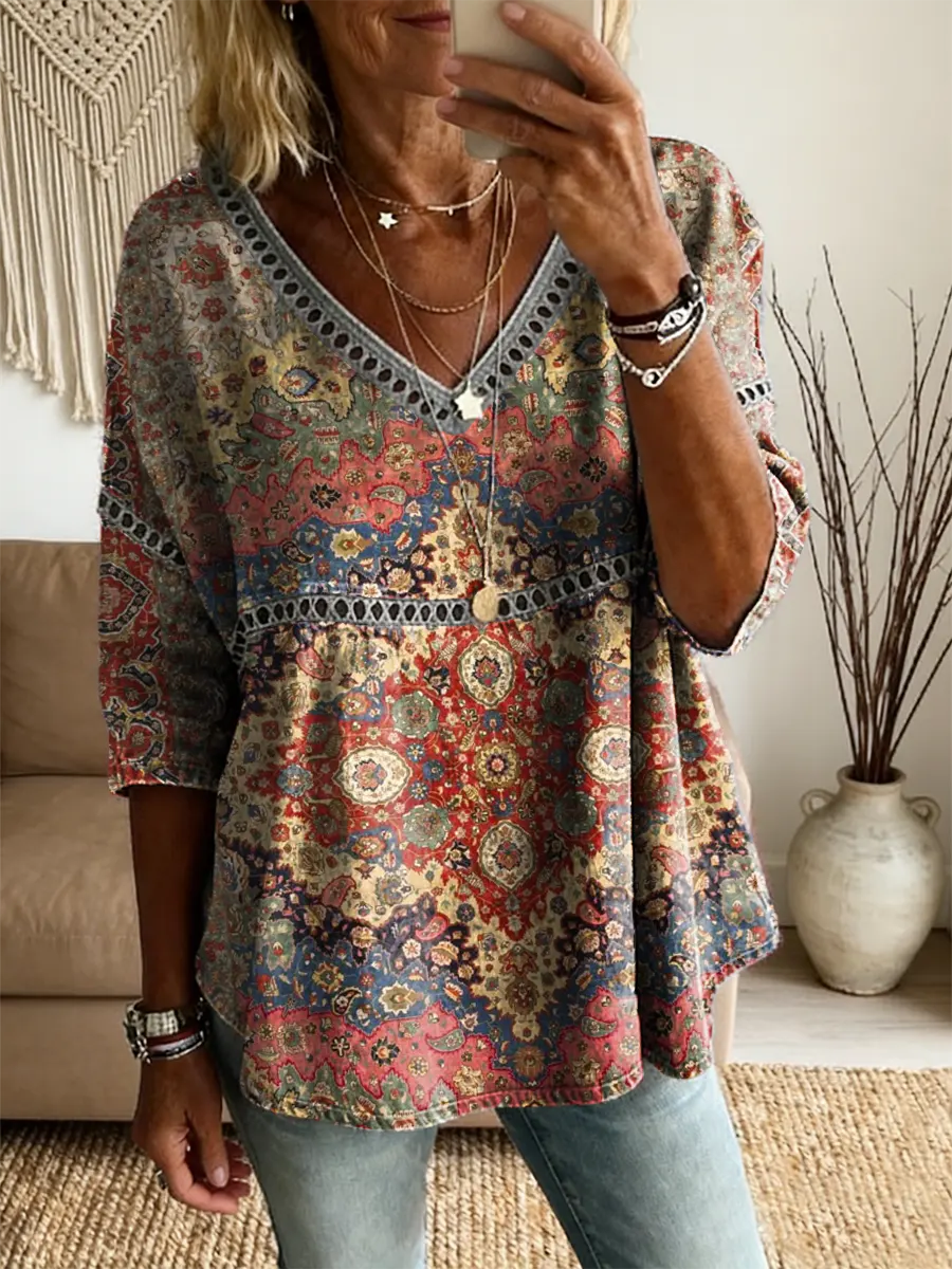 Ethnicity Flowers Totem Women's Vintage Art Print Casual V Neck Cutout Top