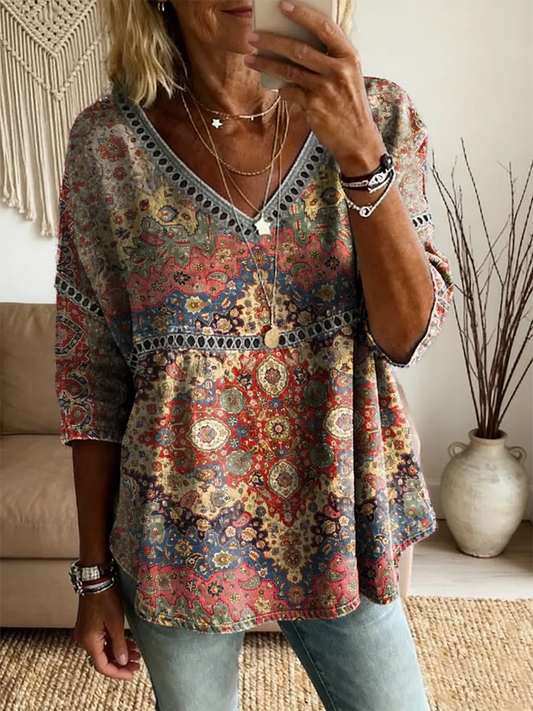Ethnicity Flowers Totem Women's Vintage Art Print Casual V Neck Cutout Top
